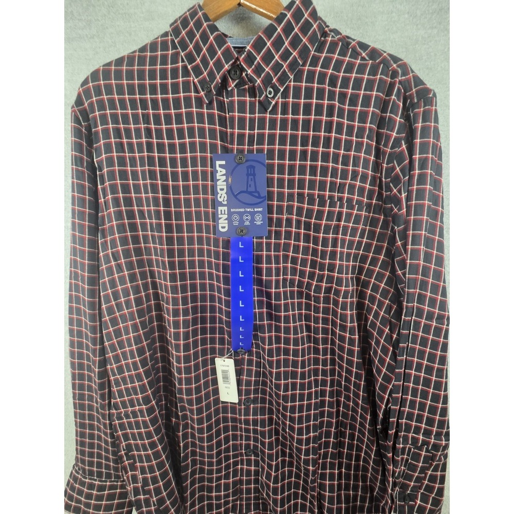 Lands End XL Brushed Twill Shirt Performance Stretch Red Black Plaid NEW